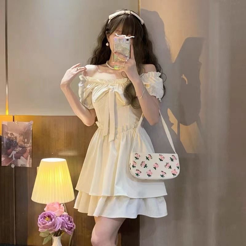 Đầm Chữ A Tay Phồng Phối Ren Thắt Nơ Thời Trang Mùa Hè Kiểu Pháp Mới