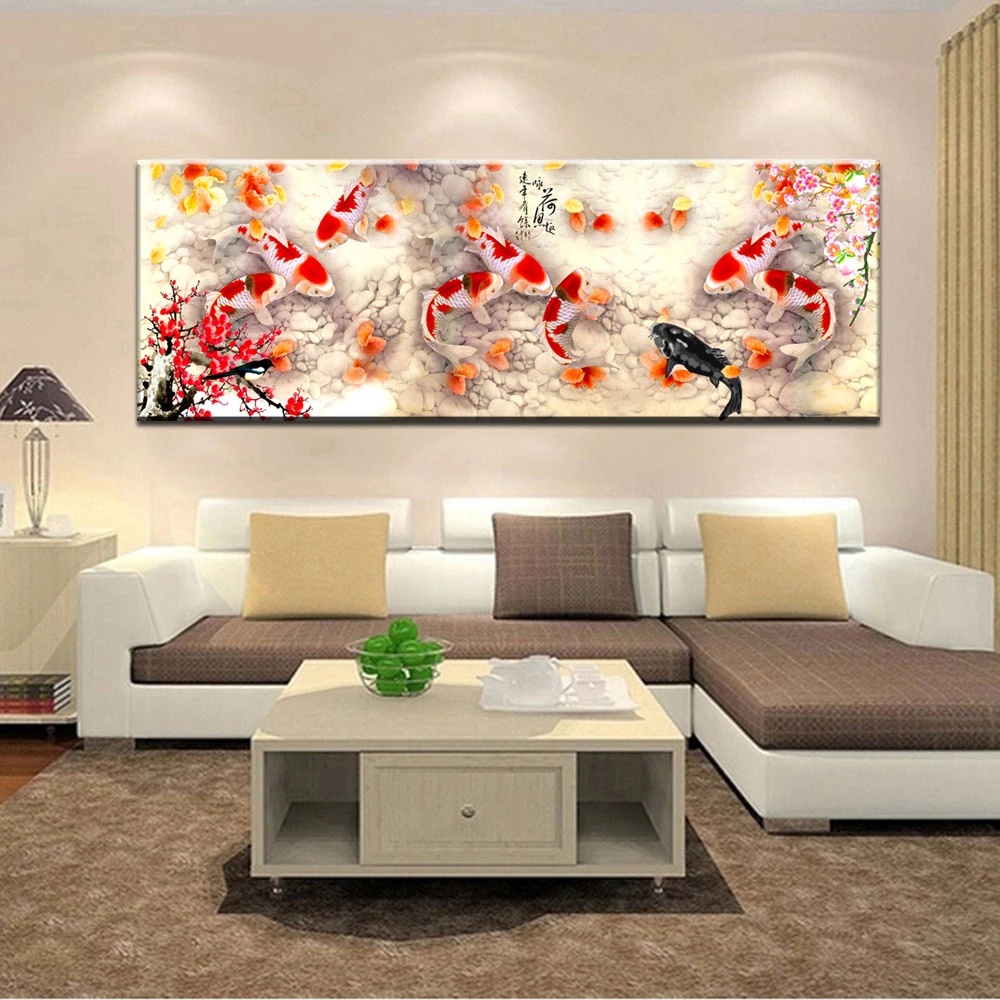 Tranh Vải Bạt Treo Tường In Hình Cá Koi Hoa Anh Đào Phong Cách Trung Hoa Trang Trí Nhà Cửa