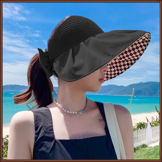 Jaz Mũ Rộng Vành Cotton Chống Nắng Hở Chóp Kẻ Sọc Caro Có Thể Gập Lại Cho Nữ
