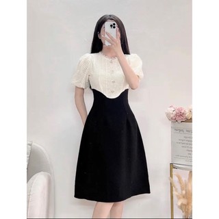 Đầm đi tiệc dáng xòe nhẹ tay phồng chất mango phối ren hoa cao cấp A254