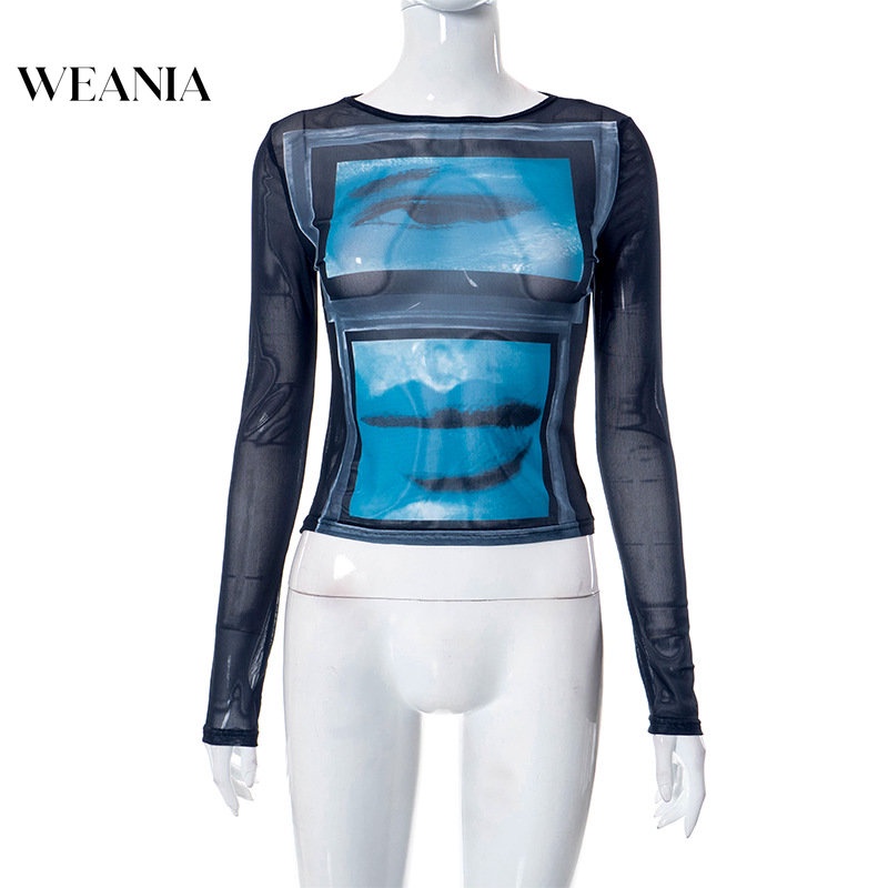 Áo Thun Tay Dài Phối Lưới In Hình Đôi Mắt Trừu Tượng Thời Trang Cho Nữ Y2K