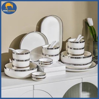 Bộ bát sứ trắng viền bạc 31 món , bộ bát trắng viền bạch kim mẫu mới