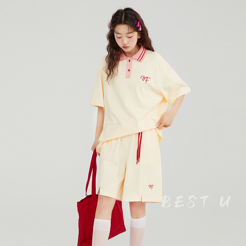 BLTY Set Áo Thun Ngắn Tay Cổ Bẻ Màu Sắc Tương Phản Và Quần short Thể Thao Thời Trang Mùa Hè Cho Cặp Đôi