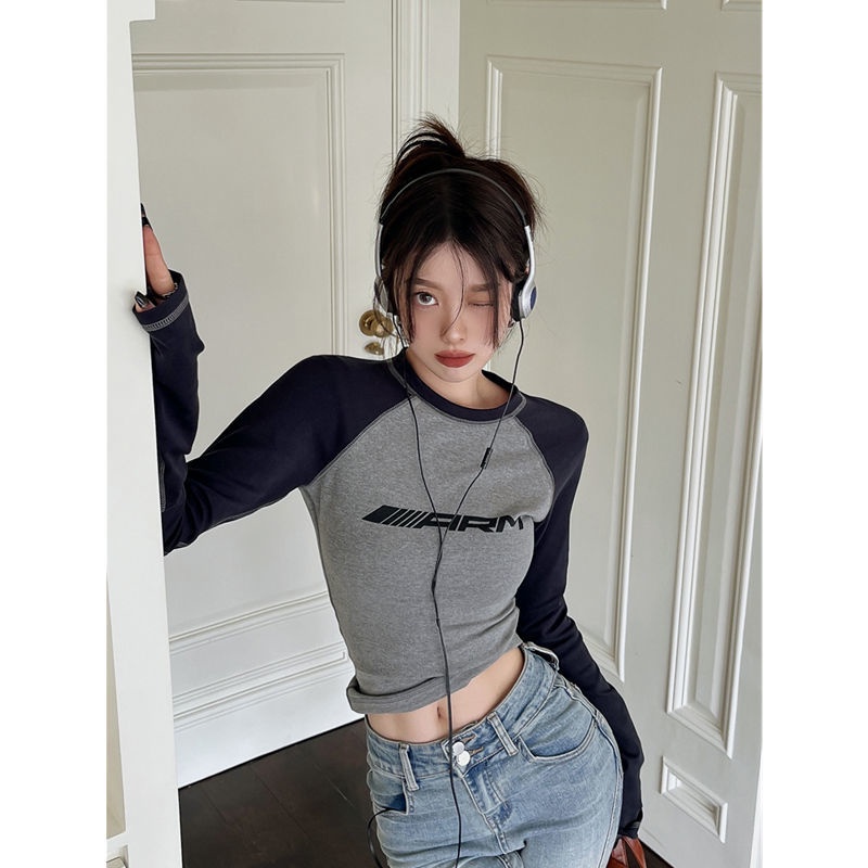 [F &amp; X] Áo Thun Raglan Tay Dài Dáng Ngắn Ôm Sát Màu Sắc Retro Thời Trang Mùa Thu Dành Cho Nữ