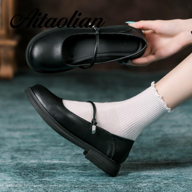 Giày Búp Bê Da Thật Mũi Tròn 3cm Phong Cách Lolita Đơn Giản Thời Trang Cho Nữ