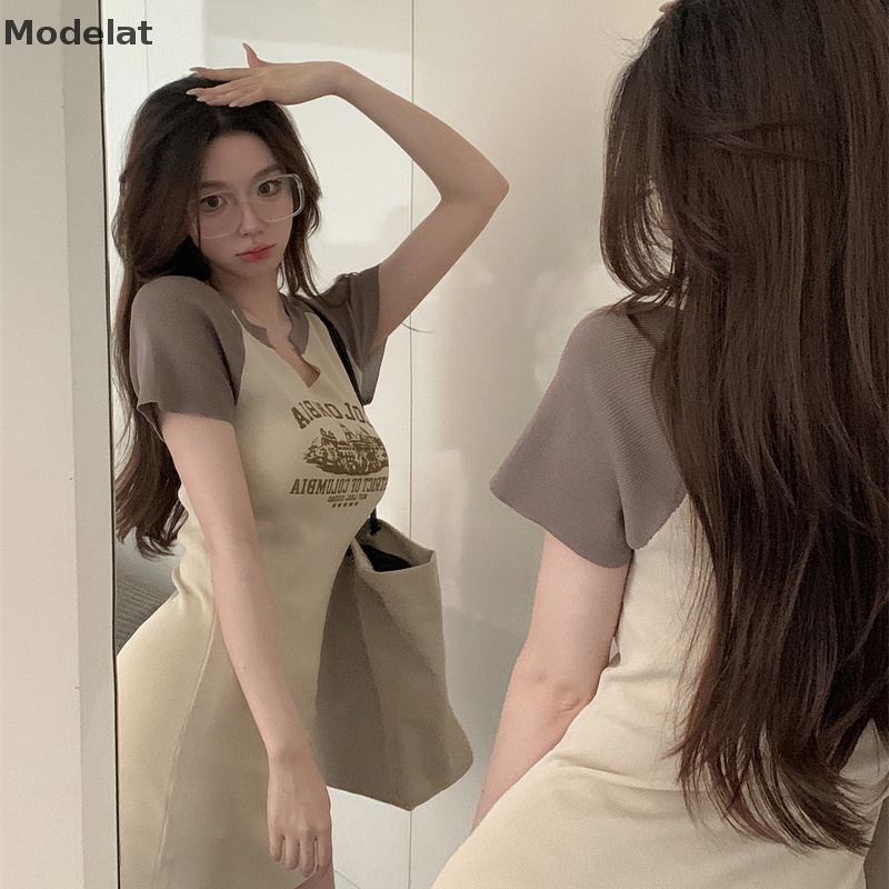 Đầm Thun Mùa Hè Tay Cộc Dáng Chữ A In Họa Tiết Chữ Cổ Điển Cho Nữ