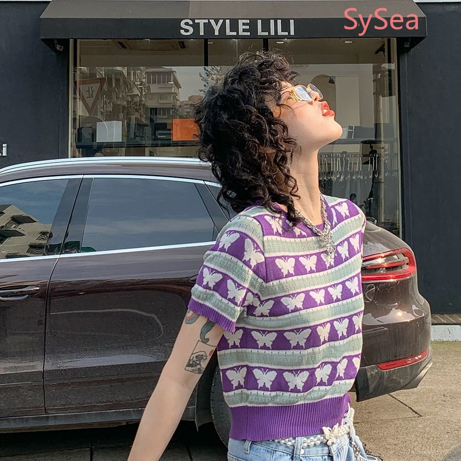 Áo Dệt Kim Họa Tiết Bướm Xinh Xắn Thời Trang Hàn Quốc Cho Nữ