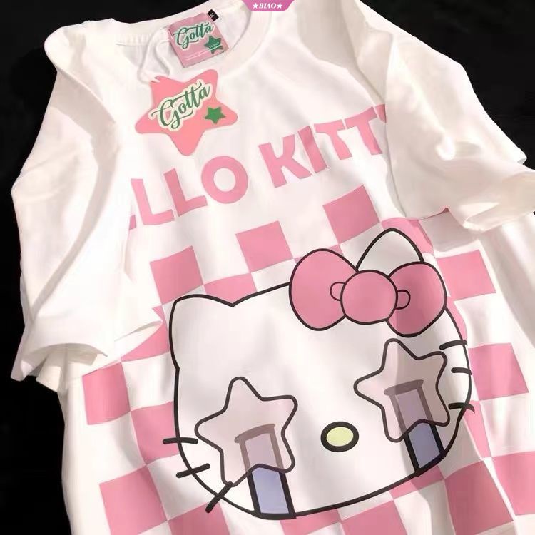 Áo Thun Nữ Oversize In Hình Nhân Vật Hoạt Hình Sanrio Hello Kitty Đáng Yêu