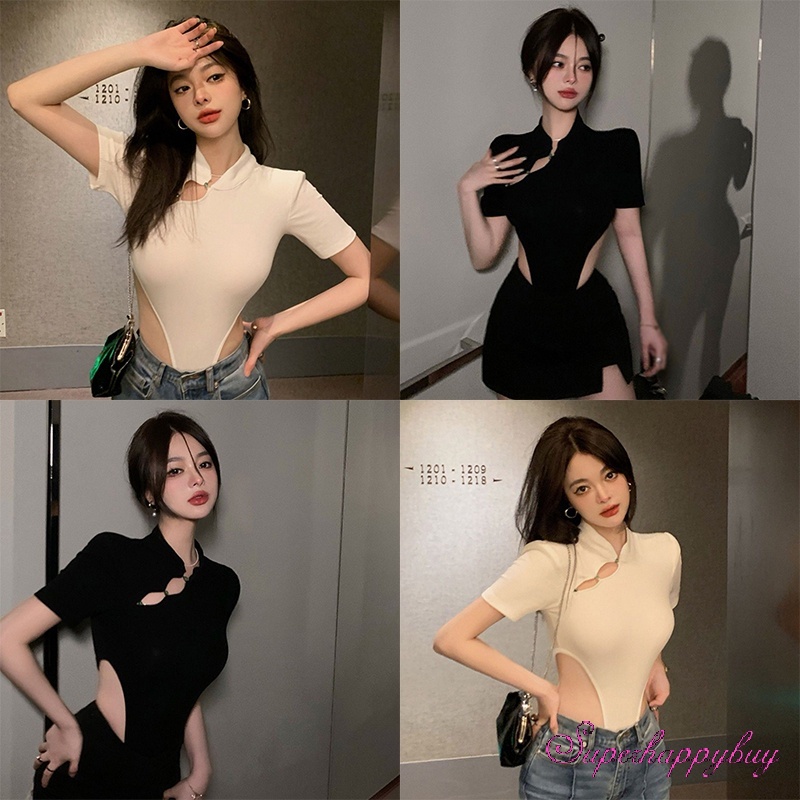 Bộ Áo Liền Quần Tay Ngắn Dáng Ôm Khoét Lỗ Eo Cao Màu Sắc Đơn Giản Thời Trang Cho Nữ