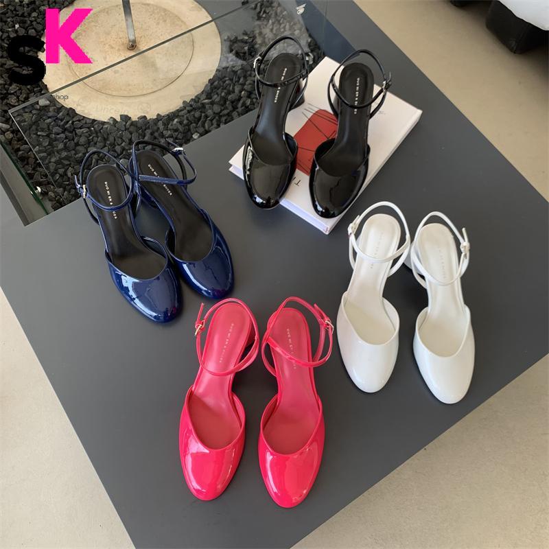 Sk Giày Sandal Cao Gót Mũi Tròn Bằng Da Bóng Phong Cách Hàn Quốc Thời Trang Mùa Xuân Dành Cho Nữ @ -