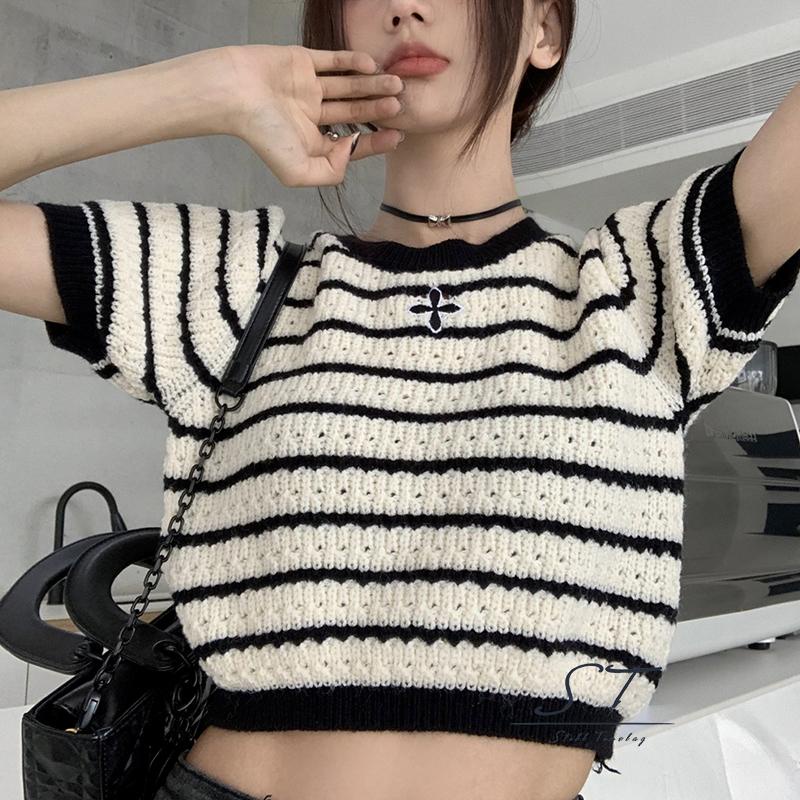 Áo Thun Dệt Kim Tay Ngắn Cổ Tròn Thêu Họa Tiết Kẻ Sọc Thời Trang Mùa Hè Cho Nữ