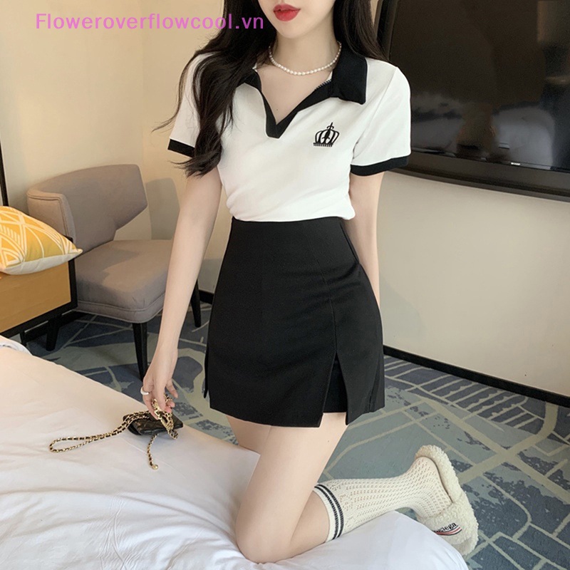 Áo polo Tay Ngắn Dáng Rộng Thêu Hình Vương Miện Thời Trang Mùa Hè Cho Bạn Gái