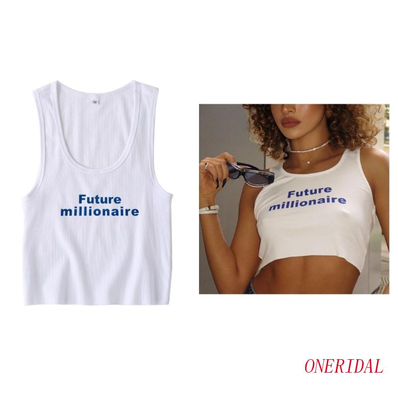 Áo Croptop Dệt Kim Sát Nách Cổ Tròn In Chữ Thời Trang Mùa Hè Cho Nữ