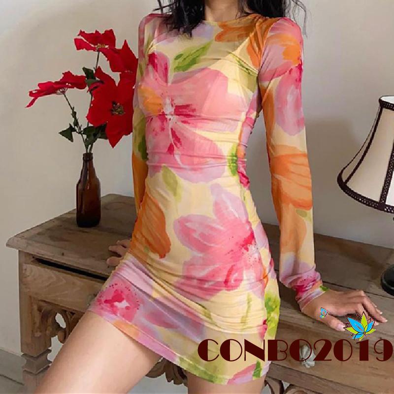 Đầm Ngắn Tay Dài Cổ Tròn Eo Cao Xuyên Thấu In Họa Tiết Hoa Cho Nữ