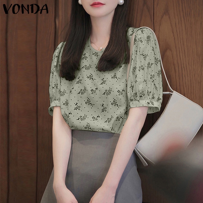 Áo kiểu VONDA tay phồng cổ tròn in họa tiết hoa phong cách Hàn Quốc thời trang cho nữ