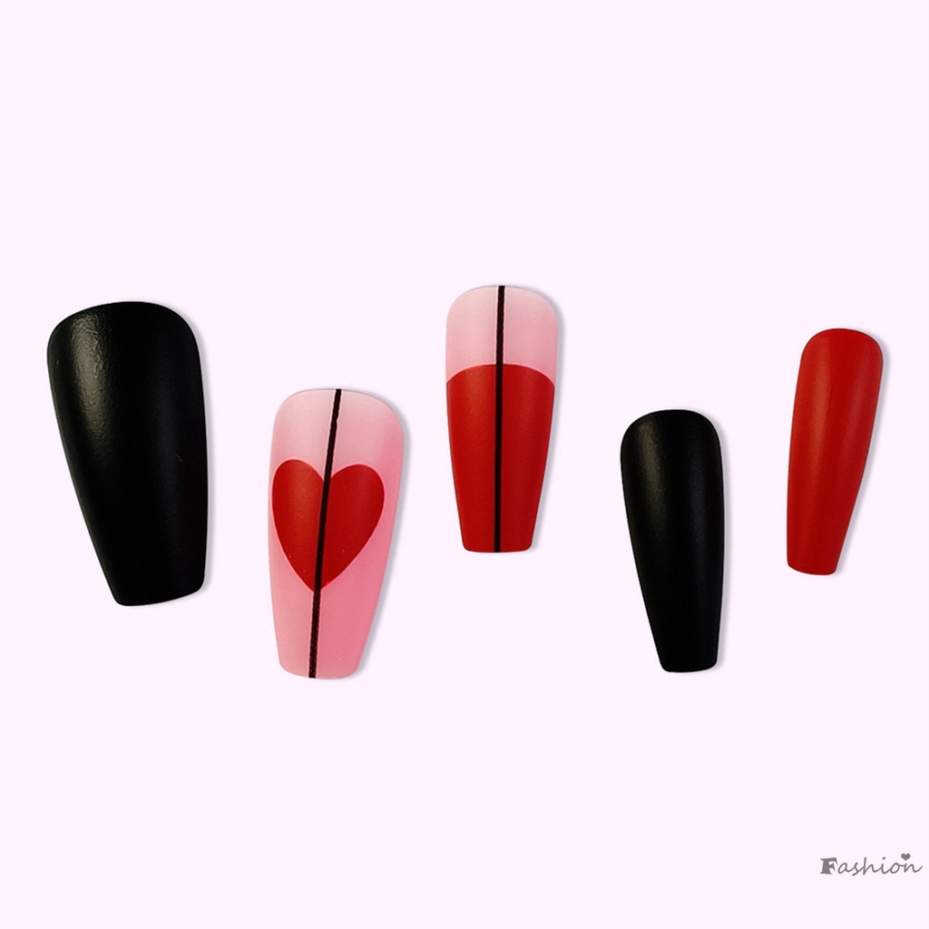 Móng Tay Giả Dài Màu Đỏ Đen Họa Tiết Trái Tim Có Thể Tái Sử Dụng