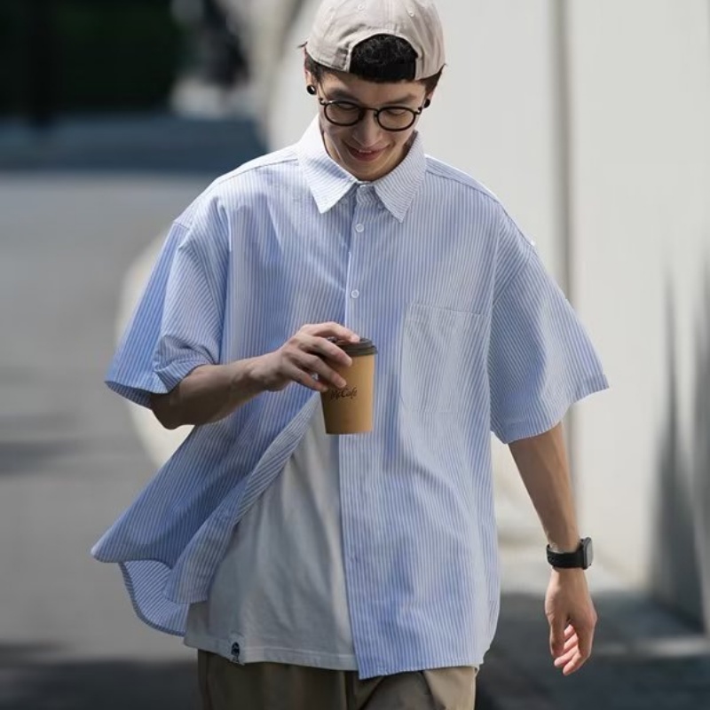 Áo Sơ Mi Tay Ngắn Dáng Rộng Vải Cotton Họa Tiết Kẻ Sọc Phong Cách Nhật Bản Cao Cấp