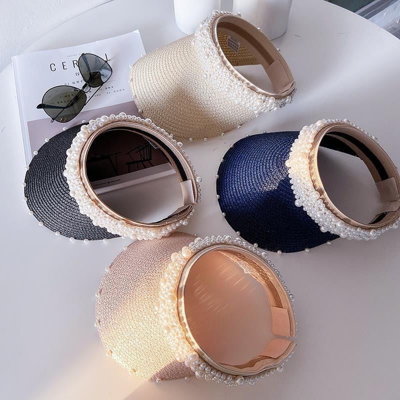 Mũ Lưỡi Trai Nửa Đầu Che Nắng Vành Rộng Đính Ngọc Trai Giả Thời Trang Đi Biển Mùa Hè Cho Nữ