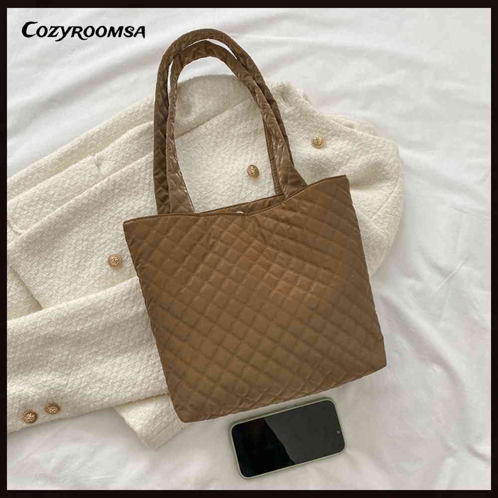 Túi Xách Đeo Vai Có Đệm Cotton Họa Tiết Lưới Hình Thoi Sức Chứa Lớn Cho Nữ