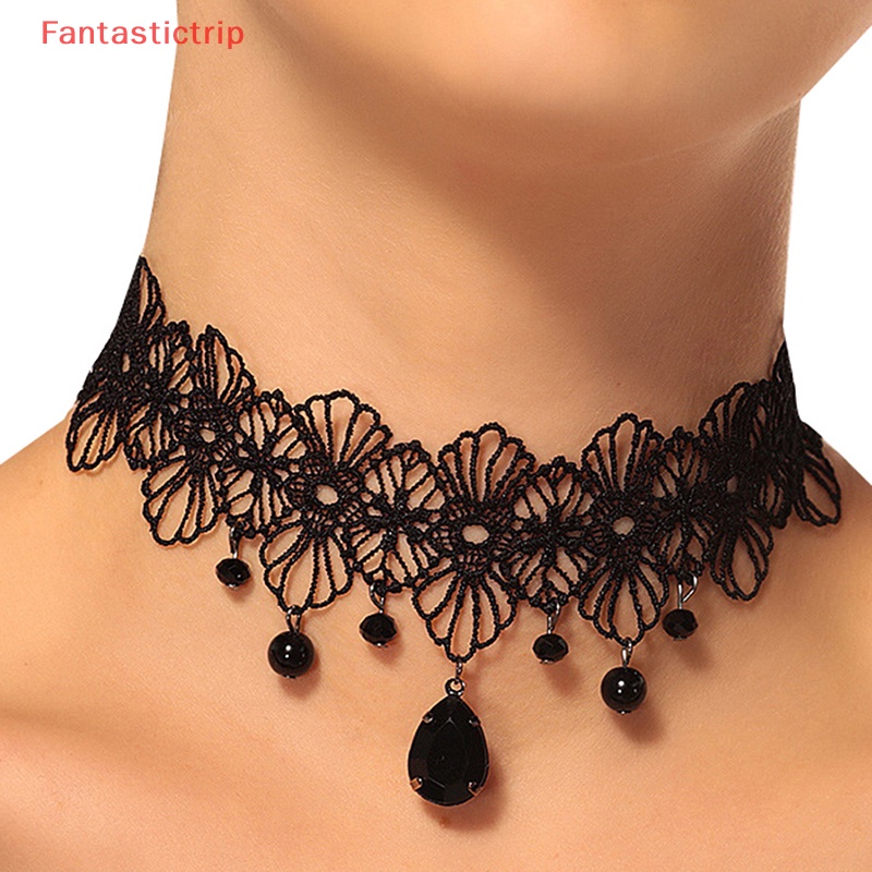 Vòng Cổ Choker Ren Đính Hạt Pha Lê Đen Phong Cách Gothic Cổ Điển Cho Nữ Mới