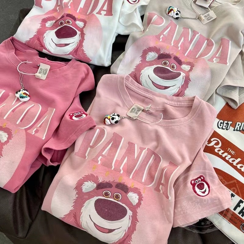 Áo phông Áo Thun Tay Ngắn Dáng Rộng In Hoạt Hình Gấu Và Dâu Tây Thời Trang Mùa Hè 2023 Cho Nữ