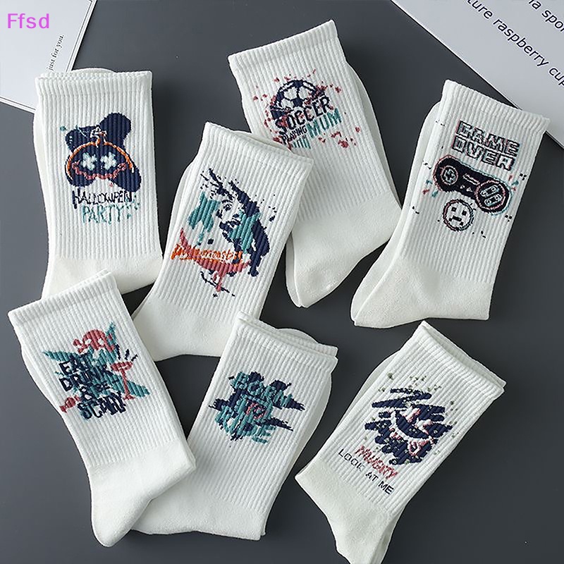 1 Đôi Tất Cotton Polyester Màu Trắng Họa Tiết Hoạt Hình Vui Nhộn Phong Cách Unisex