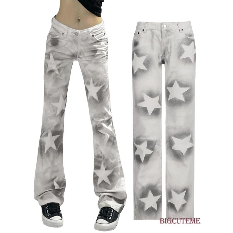 Quần Dài Dáng Suông Rộng Eo Thun In Màu Nhuộm Hình Ngôi Sao Thời Trang Đường Phố Cho Nữ
