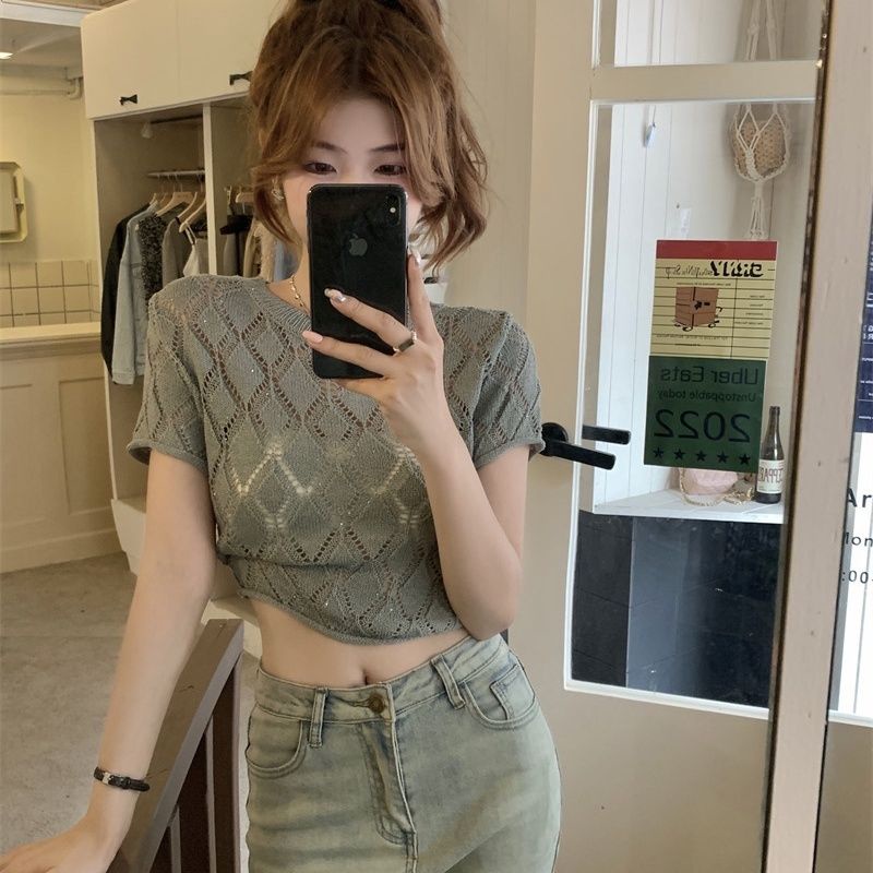 Áo Croptop Dệt Kim Tay Ngắn Hở Lưng Thời Trang Mùa Hè Hàn Quốc Cho Nữ