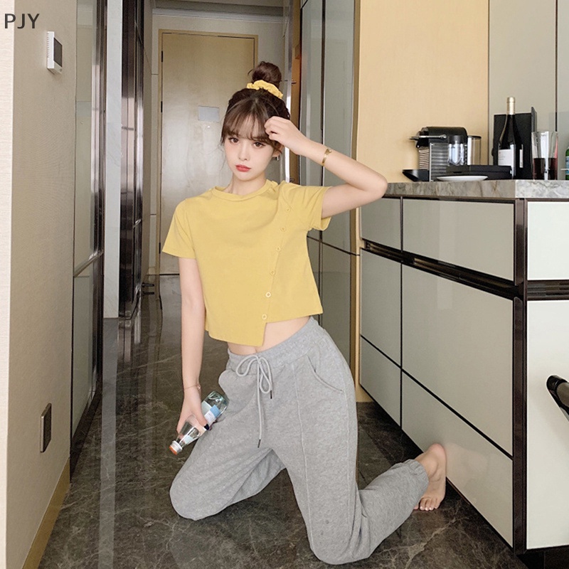 Áo Thun Crop Top Tay Ngắn Màu Trơn Cài Nút Thời Trang Mùa Hè Xinh Xắn Cho Nữ