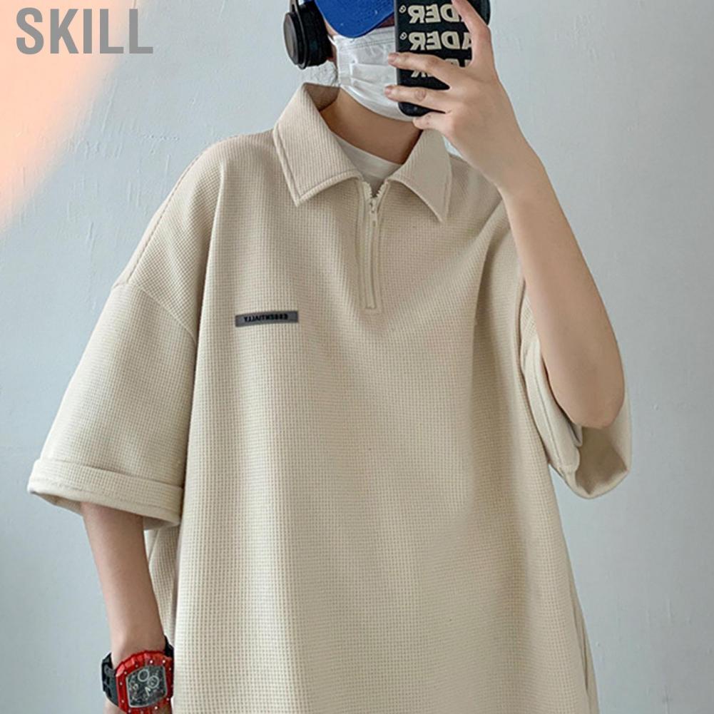 Skill Short Sleeve T Shirt  Loose Casual Zipper Soft Turn Down Collar Top Fashionable for Dating Party