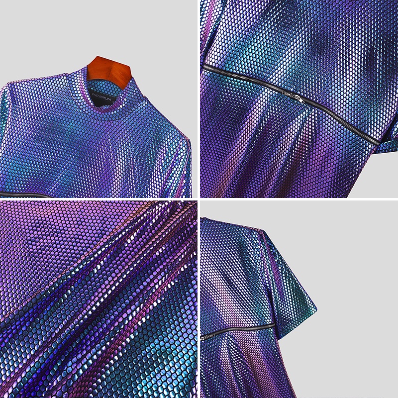 INCERUN Áo Thun Tay Ngắn Cổ Cao Phối Khóa Kéo Thời Trang Cá Tính Cho Nam