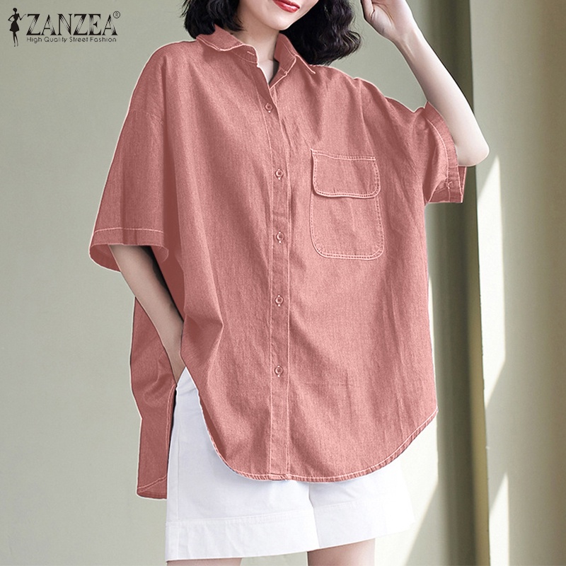 ZANZEA Áo Sơ Mi Tay Ngắn Có Túi Cài Nút Thời Trang Hàn Quốc Cho Nữ