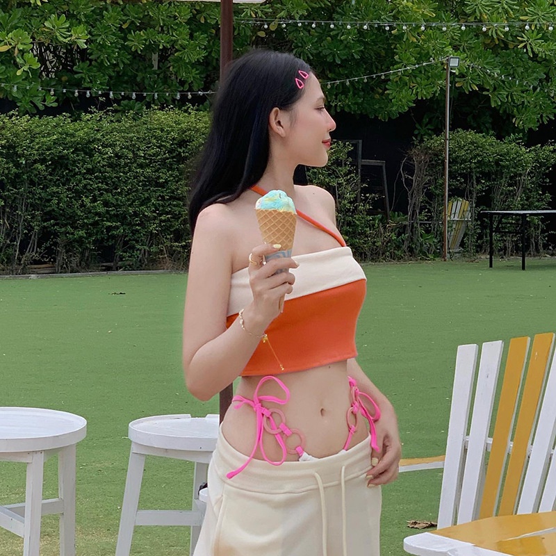 Weania Áo Dệt Kim Crop Top Hai Dây Một Bên Vai Khối Màu Mùa Hè Cho