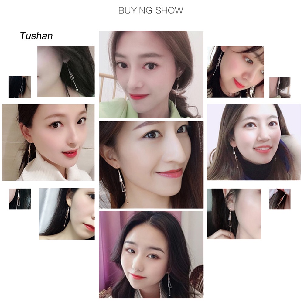 Bông Tai Dài Hình Tam Giác Phối Hai Quả Cầu Tua Rua Thời Trang Dành Cho Nữ