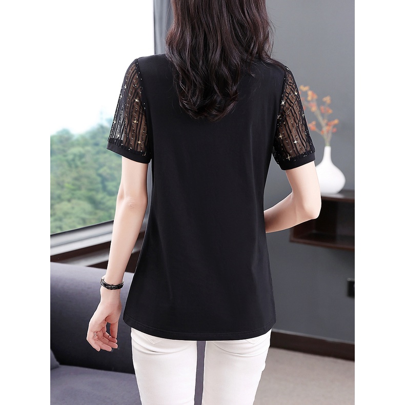 Áo Thun Tay Ngắn Phối Lưới 6 Màu Plus Size Cho Nữ