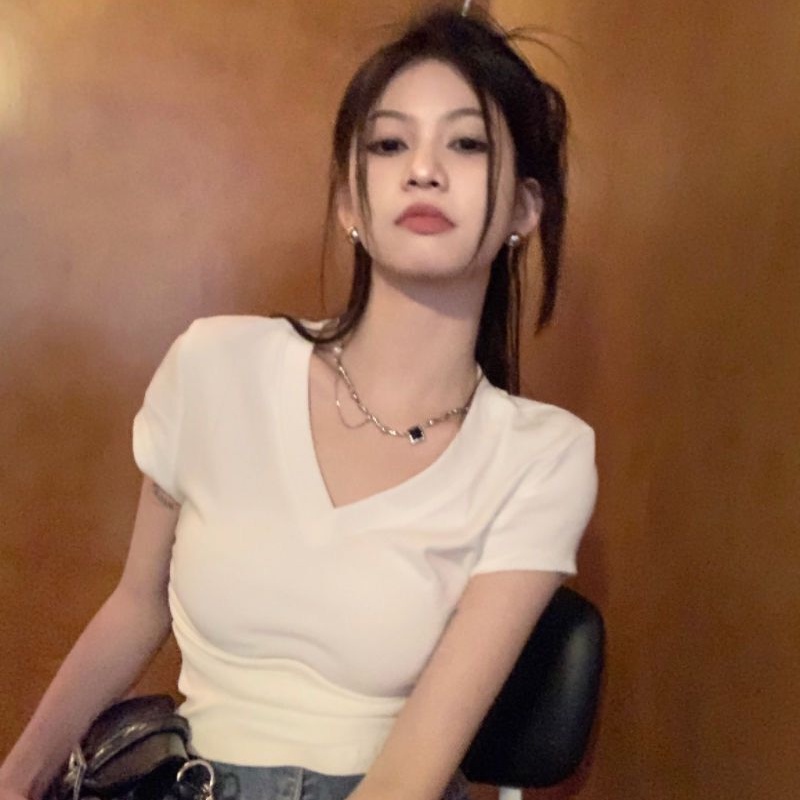 COZOK Áo Thun Ngắn Tay Cổ Chữ V Phối Dây Rút Thời Trang Đơn Giản