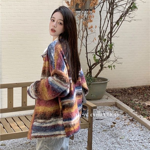 Áo Khoác Cardigan Dệt Kim Cổ Chữ V Dáng Rộng Hoạ Tiết Kẻ Sọc Nhiều Màu Sắc Phong