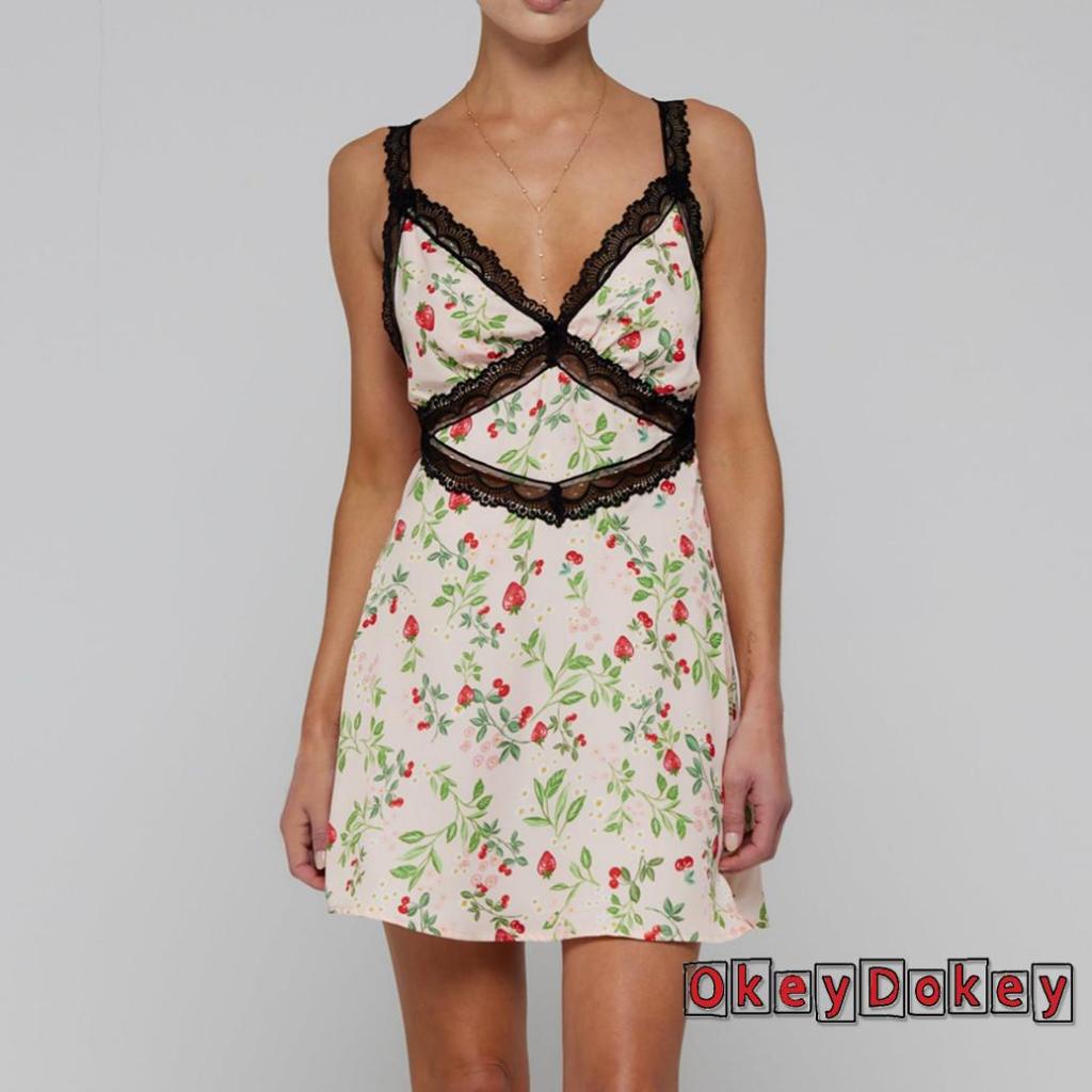 Đầm Ngắn Hai Dây Cổ Chữ V In Hoa Thời Trang Mùa Hè Cho Nữ