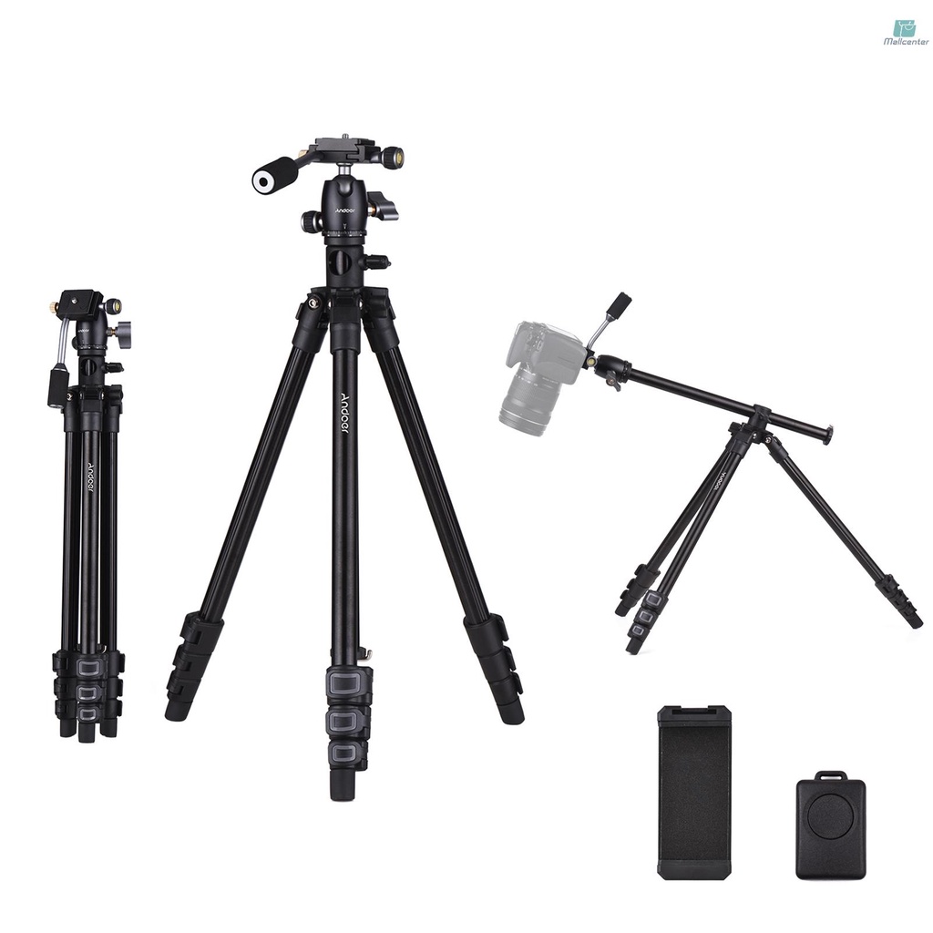 Andoer Portable Photography Camera Tripod Stand Horizontal Mount Aluminum Alloy 154cm/60.6in Max. Height 360° Rotatable Ballhead 5kg/11lbs Load Capacity with Phone Clip Remote Shutter Replacement for