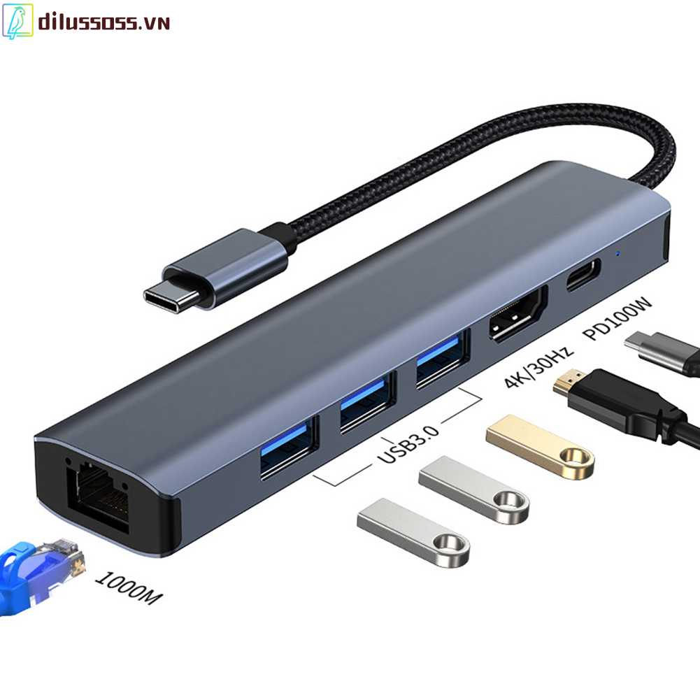 Trạm Kết Nối USB C Hub 6 Trong 1 100W PD 5Gbps Type C 4K 30HZ HDMI