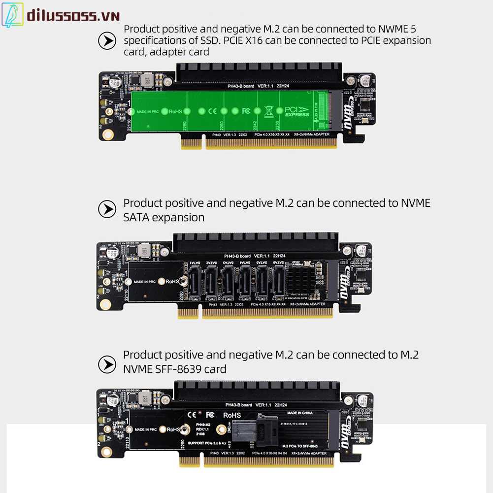 Thẻ Mở Rộng PCIe X16 Sang X8 + X4 + X4 2280 / 2260 / 2242 / 2230 SSD