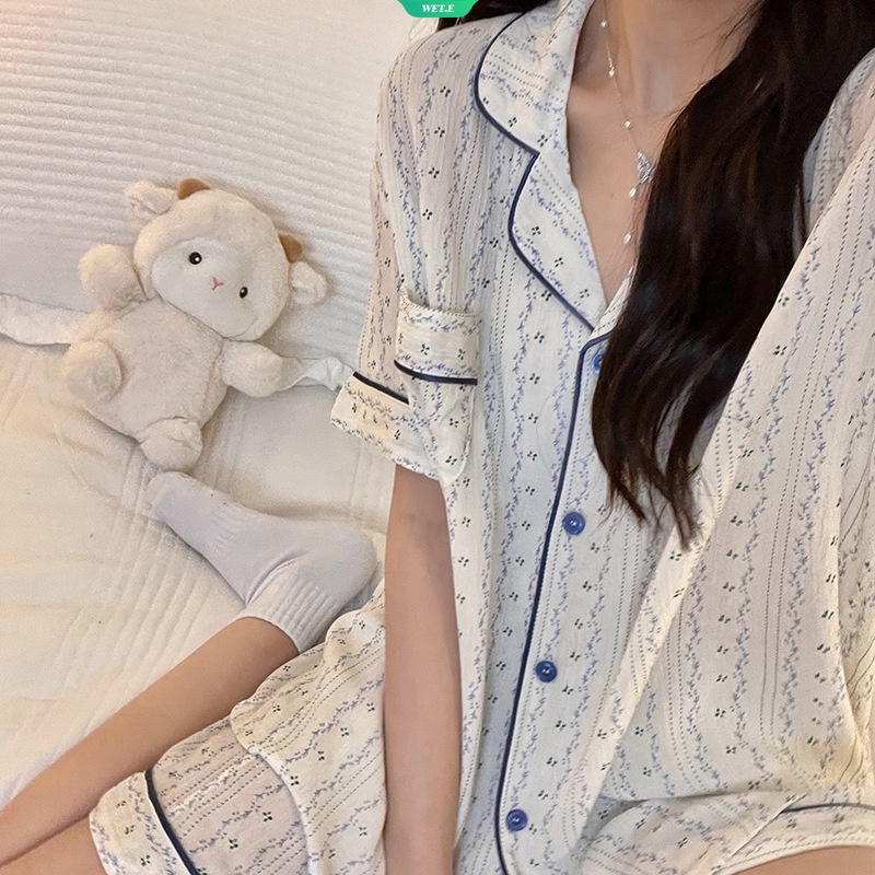 Bộ Đồ Ngủ Cotton Ngắn Tay Họa Tiết Hoa Thời Trang Mùa Hè Hàn Quốc 2023