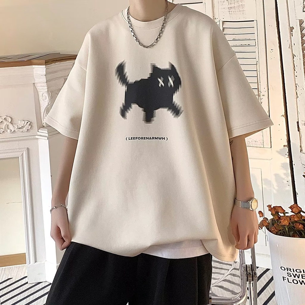 Áo Thun Tay Lỡ Chất Liệu Cotton Nguyên Chất In Họa Tiết Chú Mèo Phong Cách Retro Thời Trang Mùa Hè Cho Nam 320g