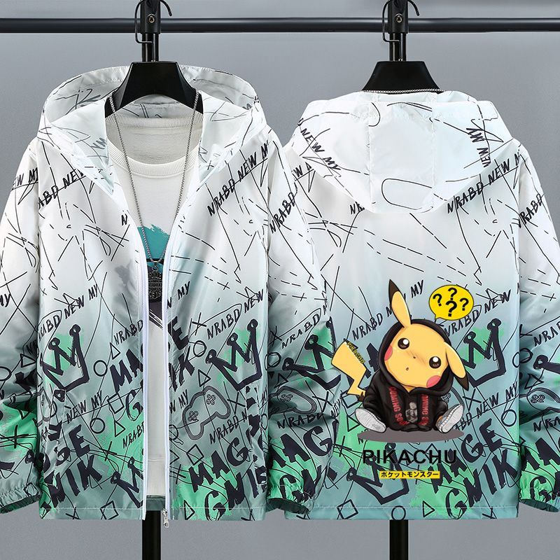 Áo Khoác Thể Thao Chống Tia UV Có Mũ Trùm Hình Pokemon Pikachu Bằng Lụa Lạnh Mềm Mại