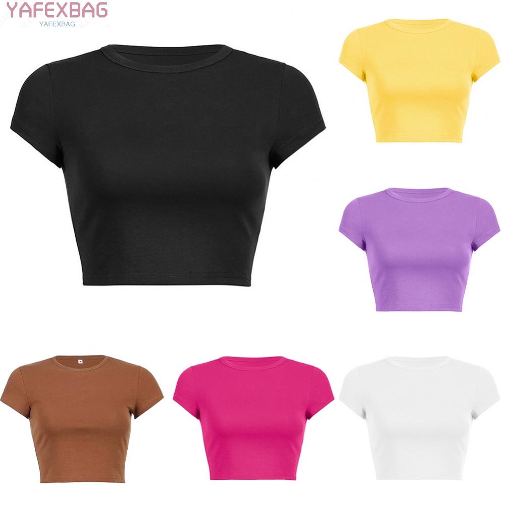 Áo Thun Croptop Tay Ngắn Cổ Tròn Màu Trơn Thời Trang Cho Nữ