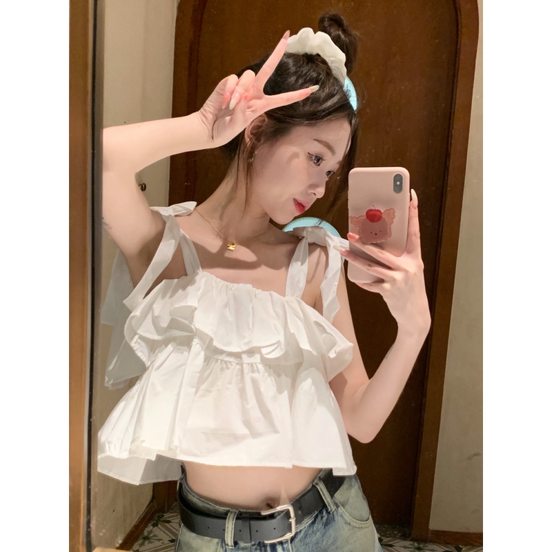 Áo Sơ Mi Ngắn Hai Dây Dáng Rộng Viền Bèo Ngọt Ngào Thời Trang Mùa