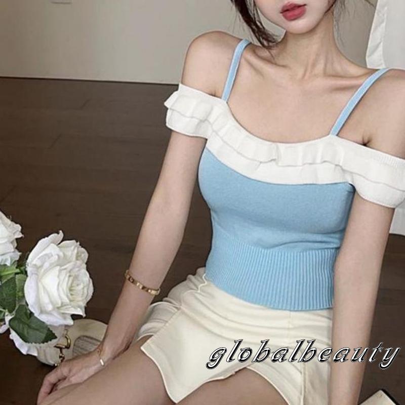 Áo Dệt Kim Không Tay Hở Vai Phối Bèo Nhún Thời Trang Mùa Hè Cho Nữ