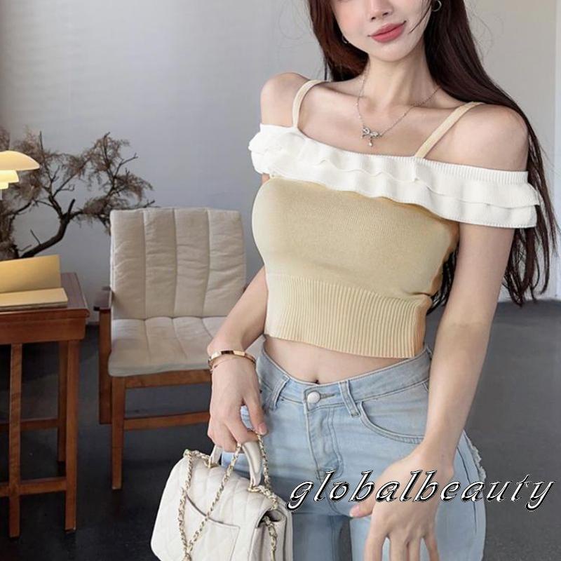 Áo Dệt Kim Không Tay Hở Vai Phối Bèo Nhún Thời Trang Mùa Hè Cho Nữ