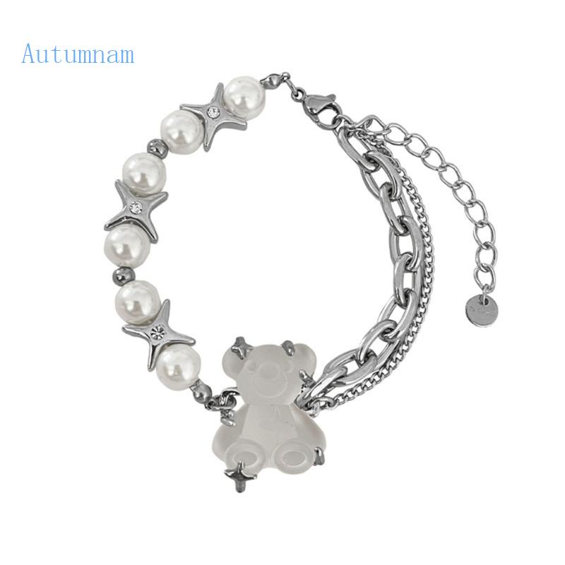 Vòng Tay Đính Hạt Ngọc Trai Mặt Hình Gấu Dễ Thương Có Thể Điều Chỉnh Cho Nữ