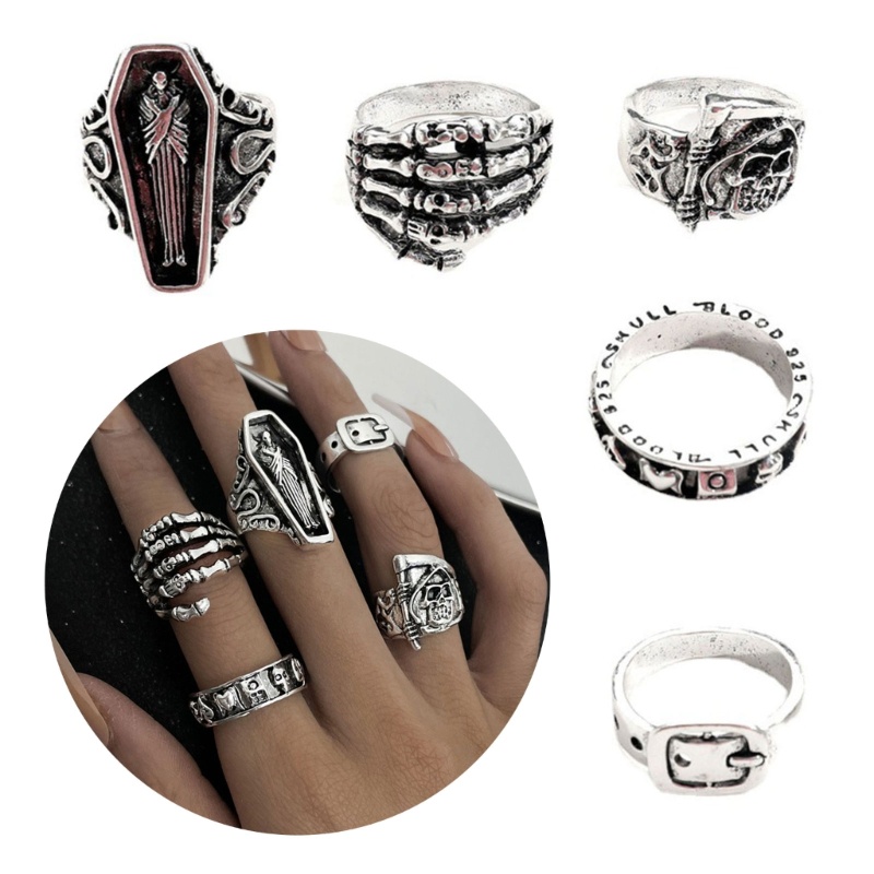 Bộ Sưu Tập 5 Nhẫn Móc Thắt Lưng Hình Đầu Lâu Kim Loại Màu Bạc Phong Cách Gothic